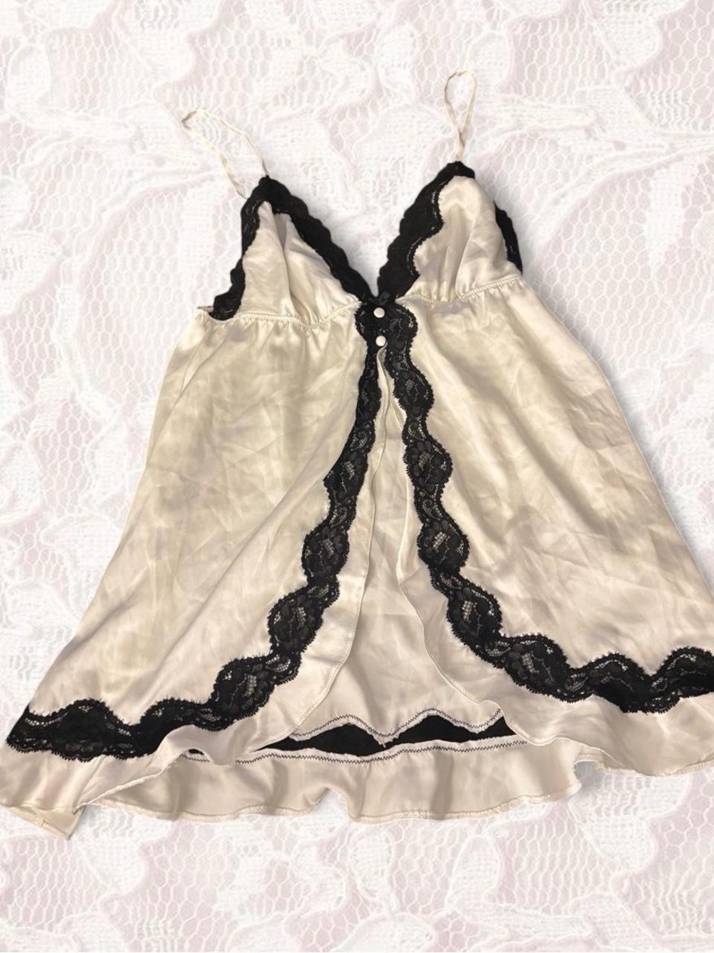 Victoria's Secret Cream Satin Tank with Black Lace Trim